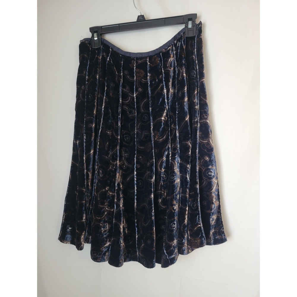 Anne Klein Women's Blue Velvet Skirt Size 8 Midi A-Line Patterned Rayon Silk